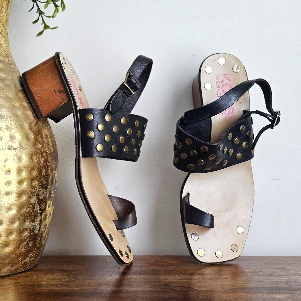Michael Kors Black Studded Leather Block-Heel Sandals Size 9.5 M Made in Italy